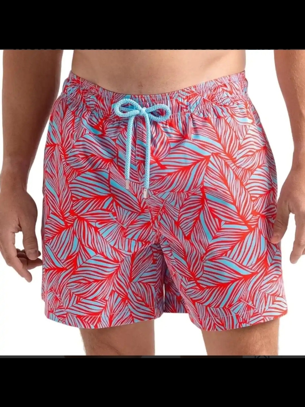 NWT Capelle MIAMI Men's Red & Light Blue Leaf-Print Swim Trunks